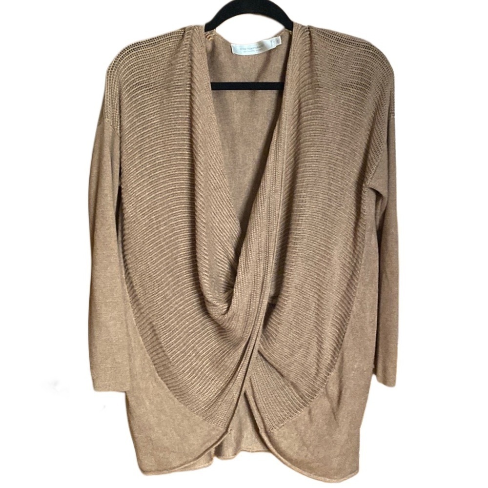 Contemporaine twist front tan tunic Sweater VNeck Long mesh Knit siz S